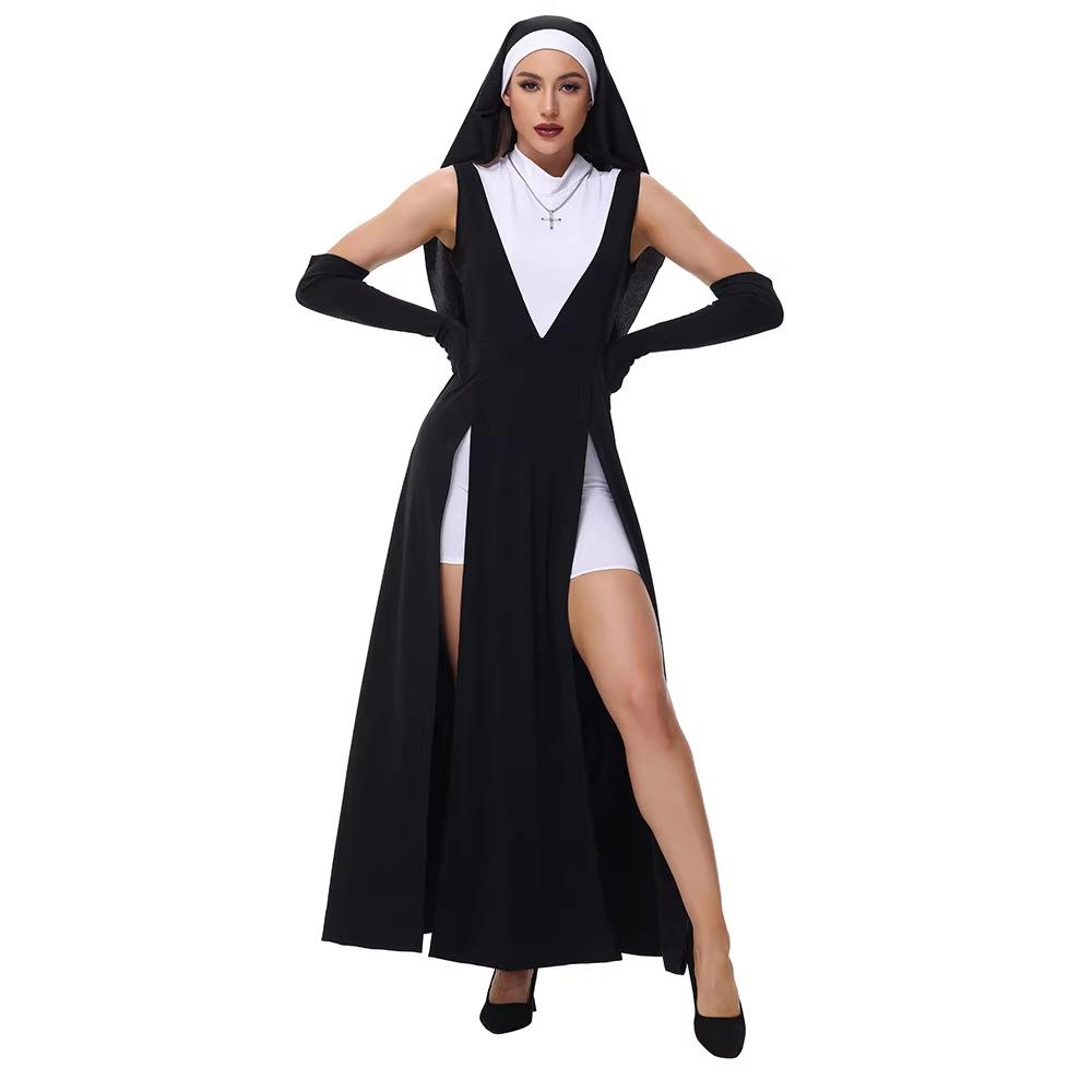 Cosplay S-L Halloween Dunkel Gotisch Festival Nonne Hoher Schlitz Kleid Set Bühne Party Cosplay Kostüm