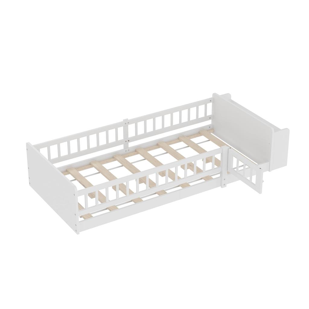 Kinderbett Bodenbett 90x200cm Rausfallschutz Lattenrost Zaun Stauraum Ablagen Holzgestell Jugendbett 200kg belastbar