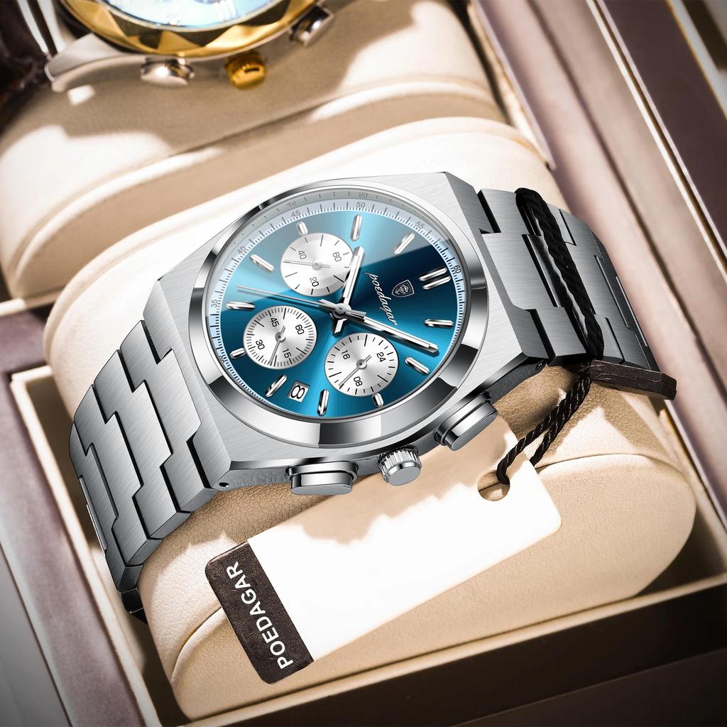 Classical Chronograph Watch Men Luxury Sport Three-Eyes Multifunction Quartz Wristwatch Man Clock Waterproof Luminous Date