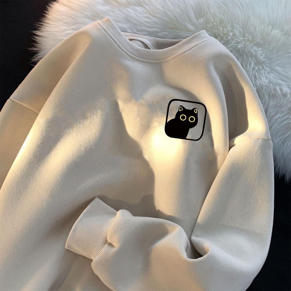 Unisex Velvet-Lined Oversized Pullover - Hong Kong Style Trendy Print Long Sleeve 2889₽