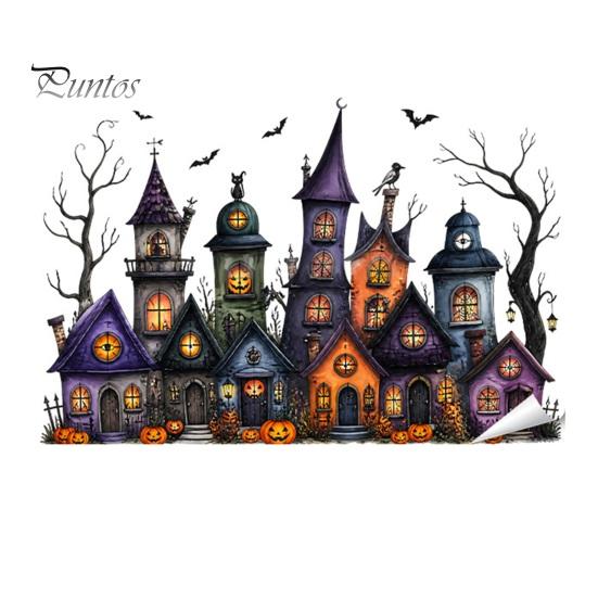 Holiday Atmosphere Window Embellishments Halloween Static Sticker, Castle/Bat/Pumpkin/Bouquet Printed, PVC Waterproof Festive Autumn Festival