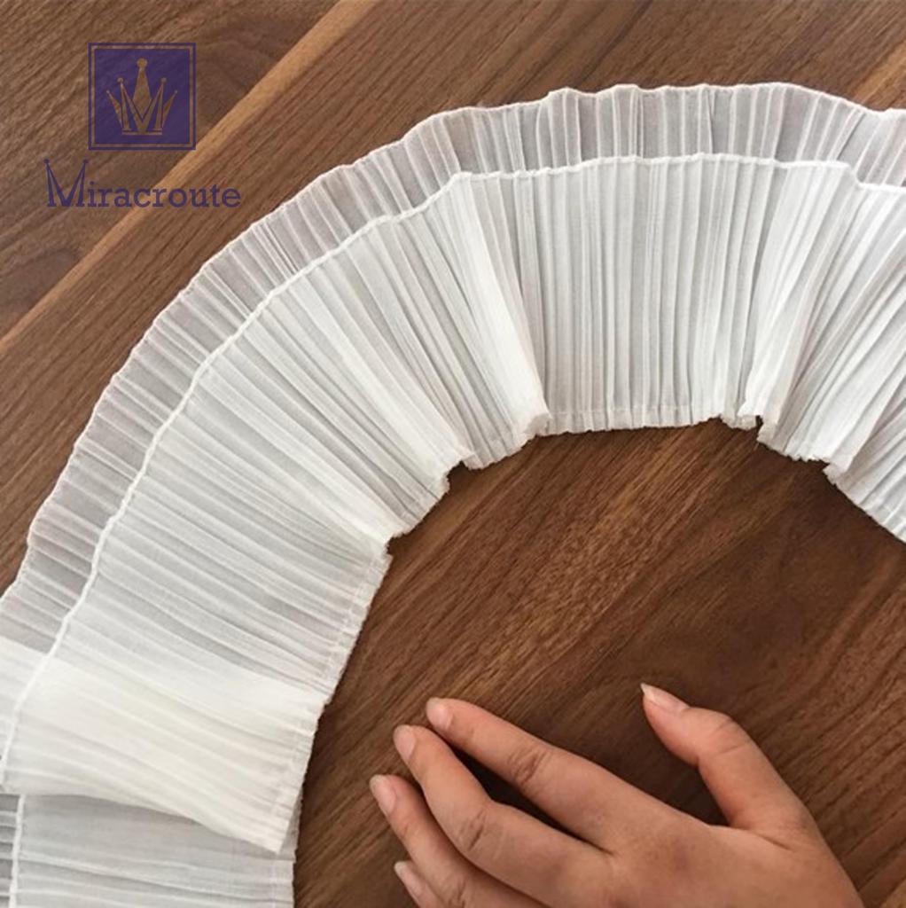 13cm Wide x Long Soft Chiffon Lace Pleated Cute Black and Decorative for Wedding Dresses and Costumes 4.5m Double-Layer Fabric, Ribbon, White, (White)