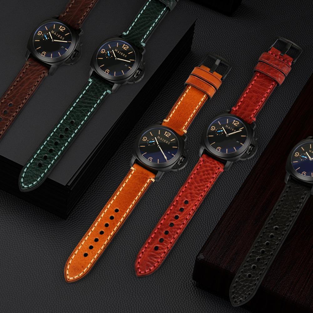 Customized Vegetable Tanned Leather Strap, Lychee Pattern Watch Accessories, Stainless Steel Pin Buckle, Quick-Release Raw Ear Apple Strap.