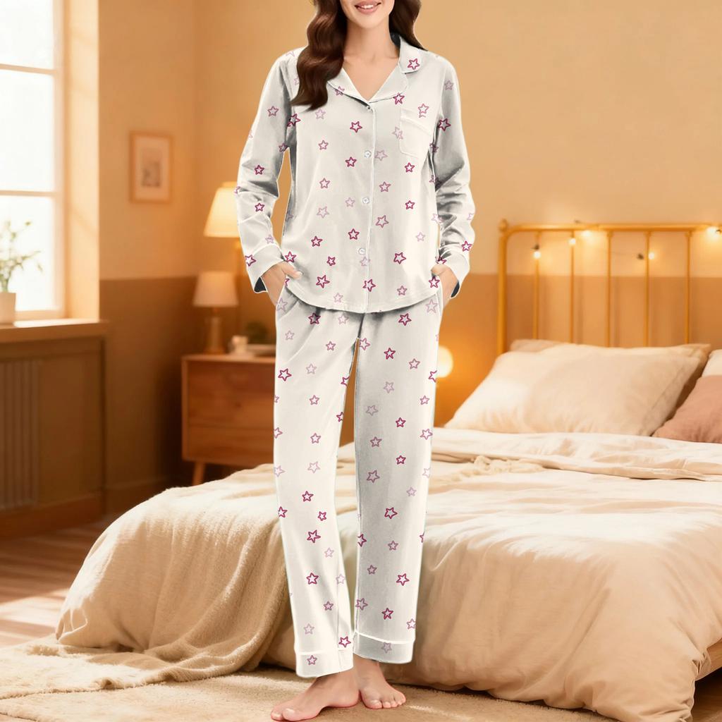 Women's Casual Fashion Loose-Fit Bow Print Long-Sleeved Trousers Homewear Set