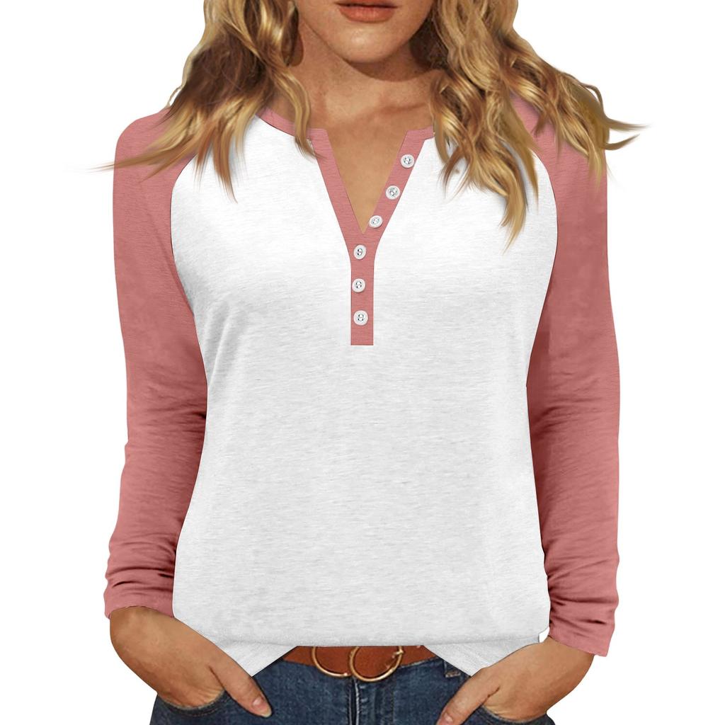 Women's T Shirt Color Block Button Long Sleeve Daily Weekend Fashion Basic V- Neck Regular Top