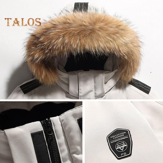 Pánská péřová bunda s mnoha kapsami Trim s kapucí z umělé kožešiny Dlouhý rukáv Větruodolný design Venkovní kabát Krycí léga na zip Cargo péřový kabát