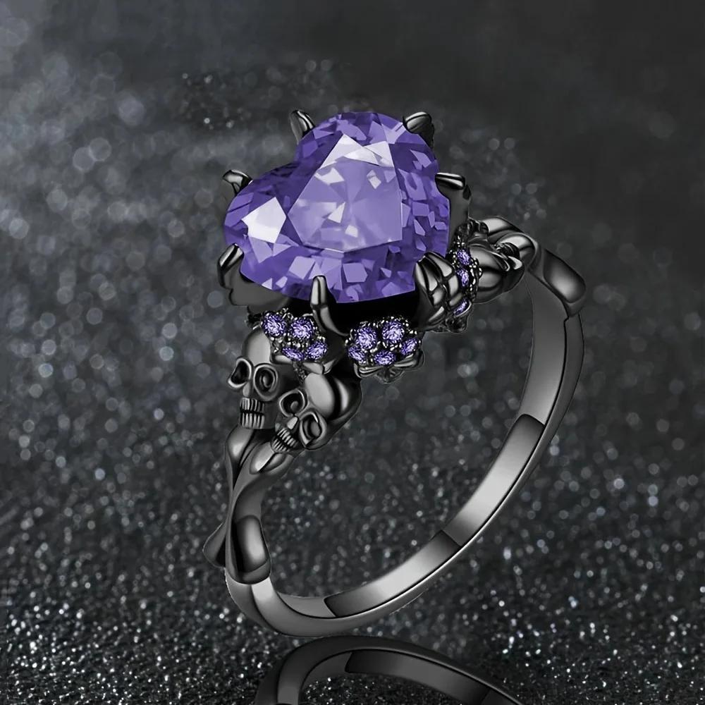Lucky Star Jewelry Women's Red Gothic Style Promise Ring Inlaid Heart Shape Zircon Skull Design Wedding Zircon Perfect Halloween Gift For Your Lover