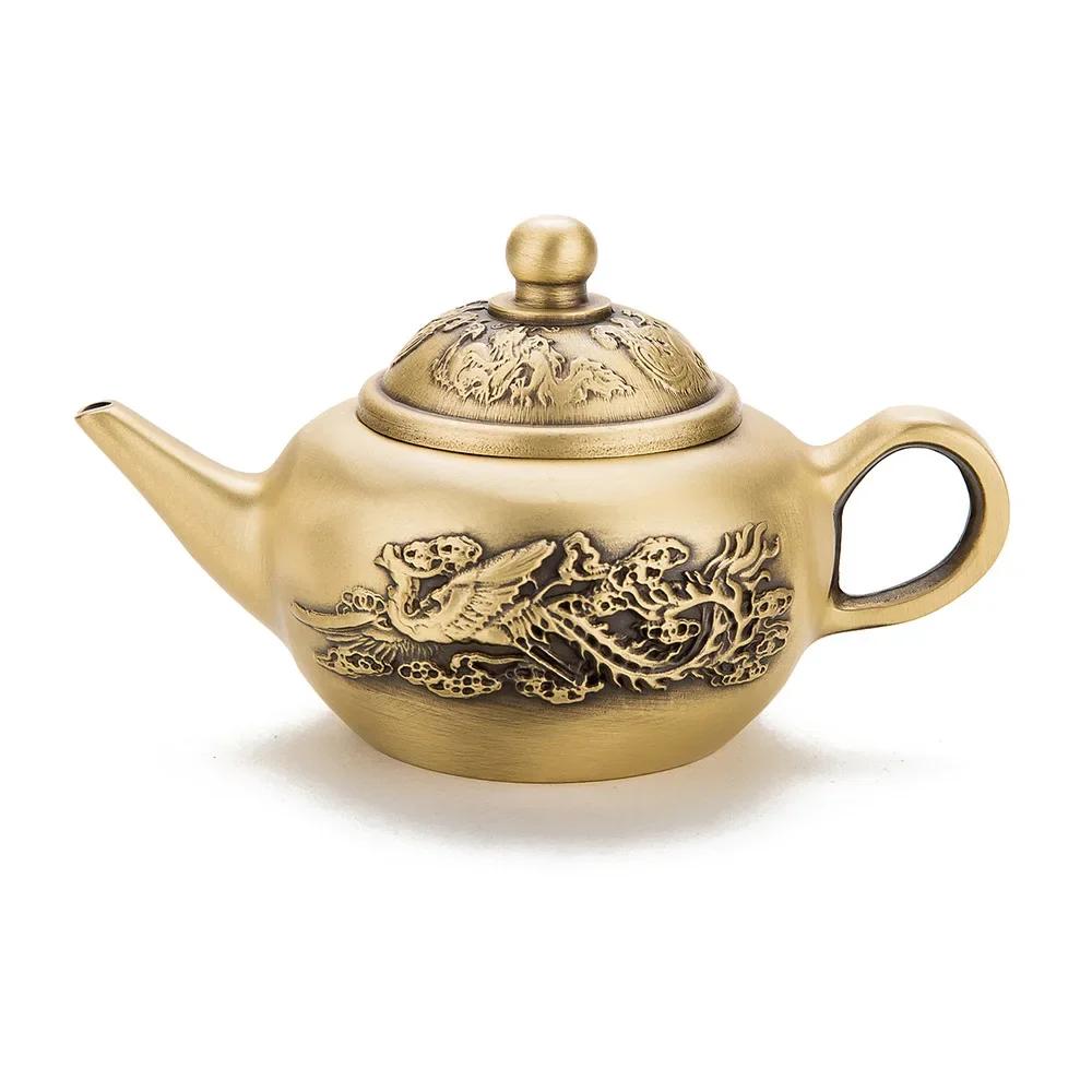Brass Vintage Dragon Phoenix Chengxiang Tea Pot Office Desktop Home Decoration Crafts  Small