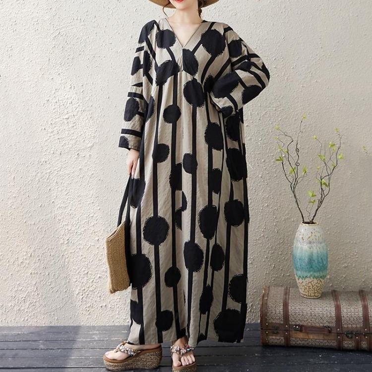 Maxi Dress for Women Spring Autumn Casual Vintage Plus Size Loose Long Sleeve Cotton New In