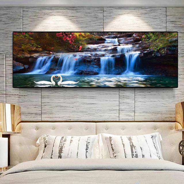 

Водопад, лес, лебедь, лотос, холст, живопись, современные пейзажные постеры и принты, настенные художественные фотографии, домашний декор для гостиной, без рамки 60cm×170cm NoFrame