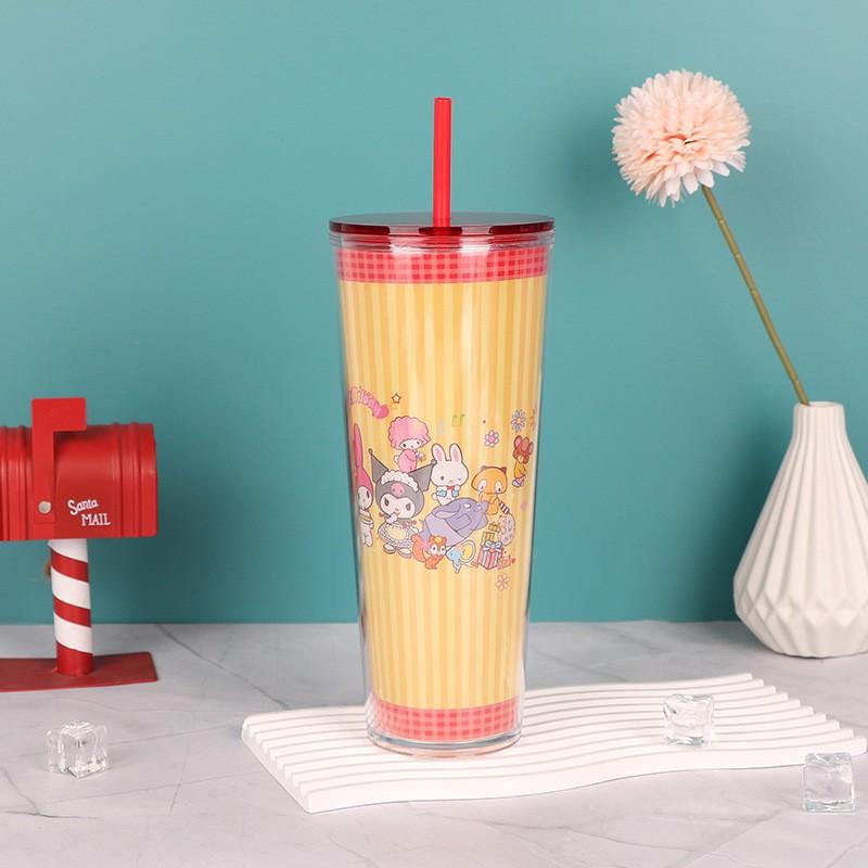 700ml Double Wall Plastic Tumbler With Straw Cartoon Design Adults - Yellow Green Pink Clear Purple Blue