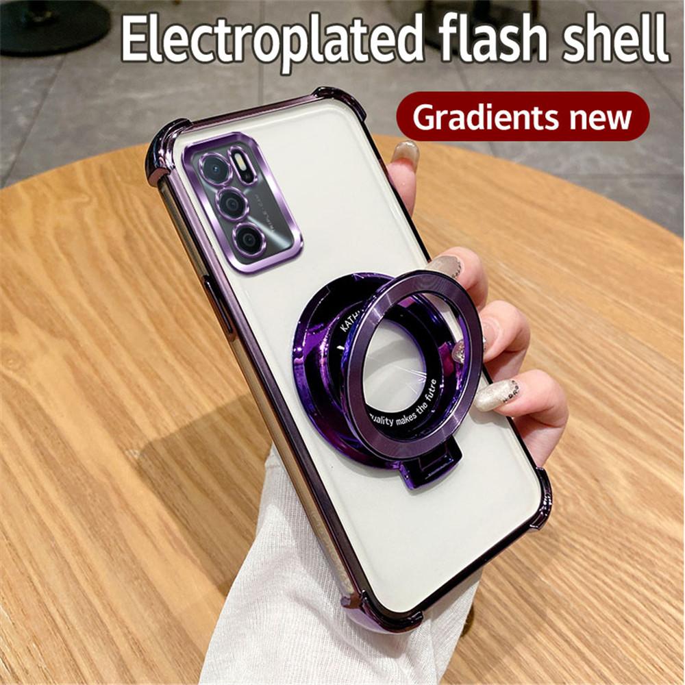 Glitter Shockproof Plating Bracket Phone Holder Case For OPPO A16 A16S A17 A15 A53 A36 A76 A5 A9 2020 A54S A53S Soft Stand Cover