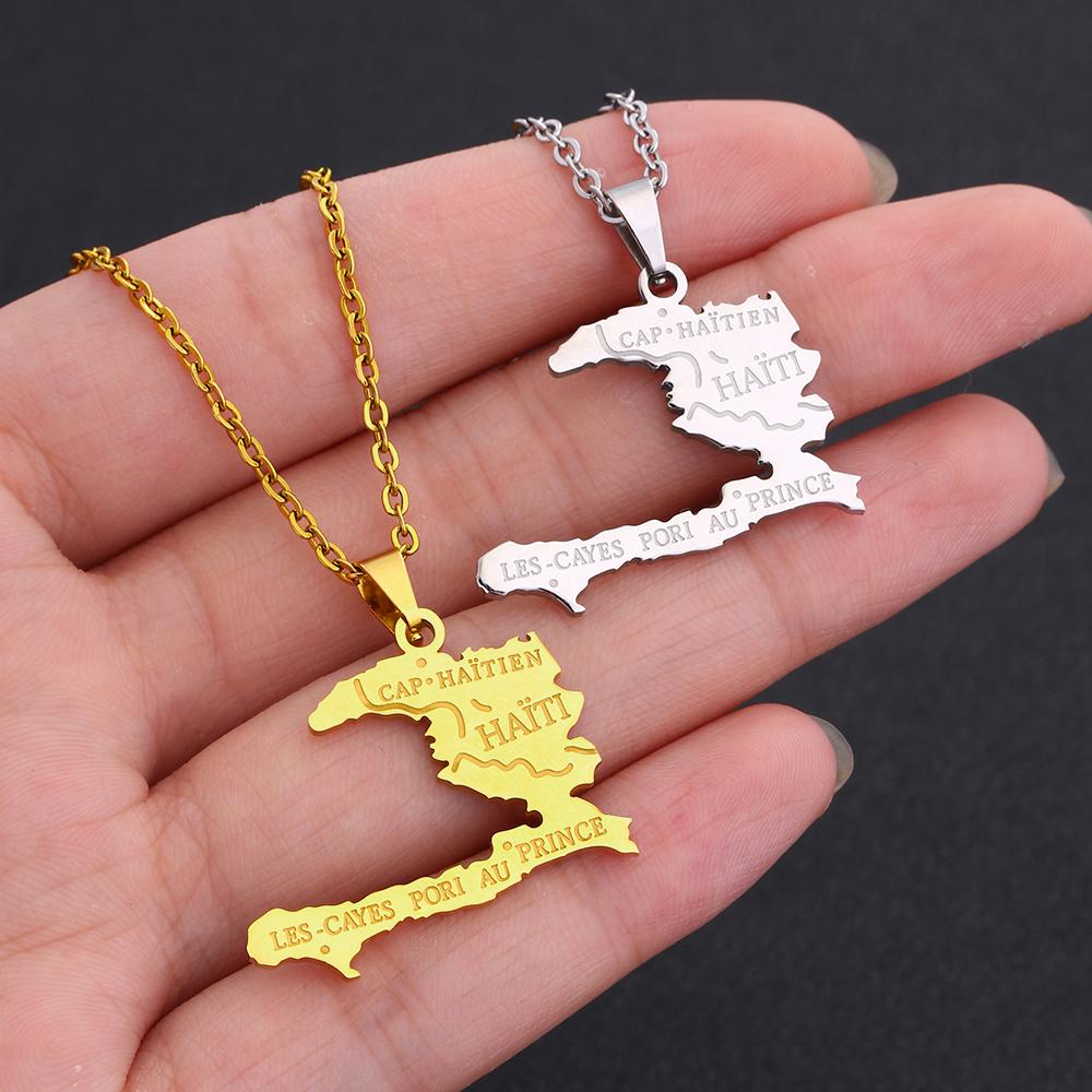 Haiti Map City Pendant Necklace Stainless Steel Men Women Gold/Steel Color Ayiti Country Map Jewelry Ethnic Gift