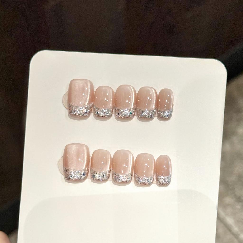 10Pcs Short Ballet Cat Eye Press On Nails Handmade Shiny Rhinestone Full Cover Fake Nails Summer Fashion Manicure Set