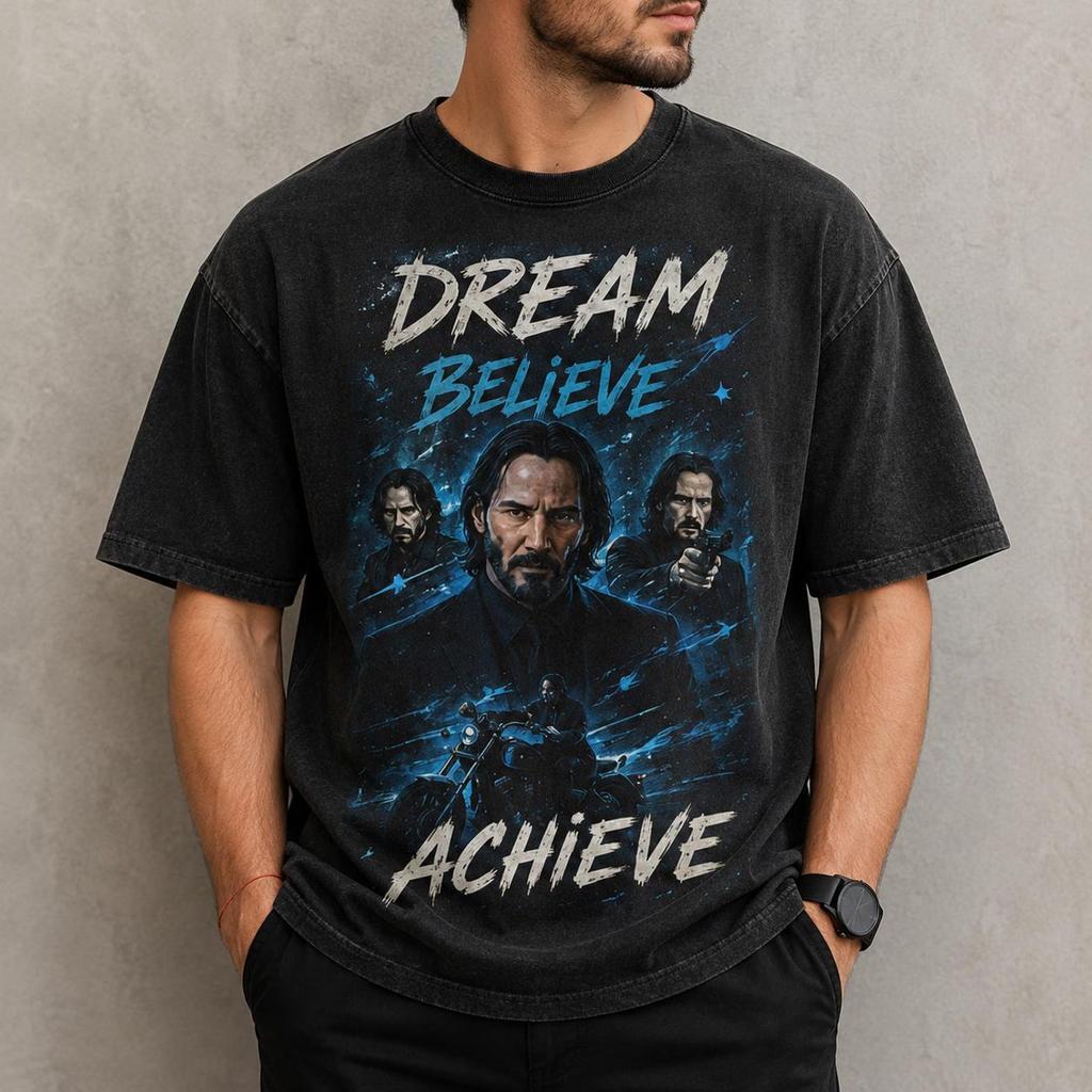 John Wick Dream Believe Achieve Graphic T-Shirt, Vintage Washed Cotton Tee