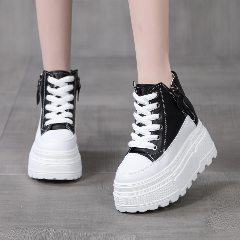 Herbst/Winter Keilabsatz Kurze Stiefel für Damen 10CM Dicke Sohle Seitliches Reißverschlussdesign Versteckte Plateauschuhe für kleine Frauen
