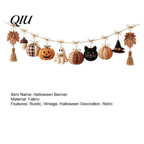 Decoraciones reutilizables para fiestas de Halloween, Guirnalda de Banderines Vintage de 61 Pulgadas, Calabaza de Tela Rellena Rústica, Fantasma, Borla Decorativa Negra Colgante para