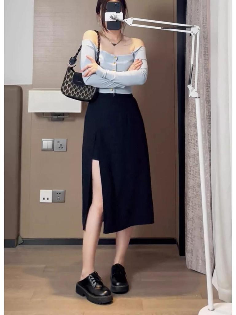 Women's Plus Size Black A-line Midi Skirt - High Waist, Slit, Slimming, Summer Fashion