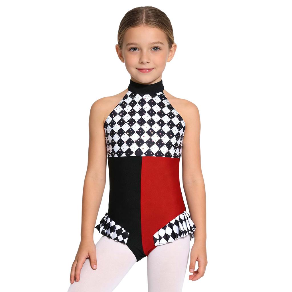 Girls Clown Costume Sparkly Rhinestones Jumpsuit Halter Sleeveless Plaid Pattern Ruffled Trim Bodysuit