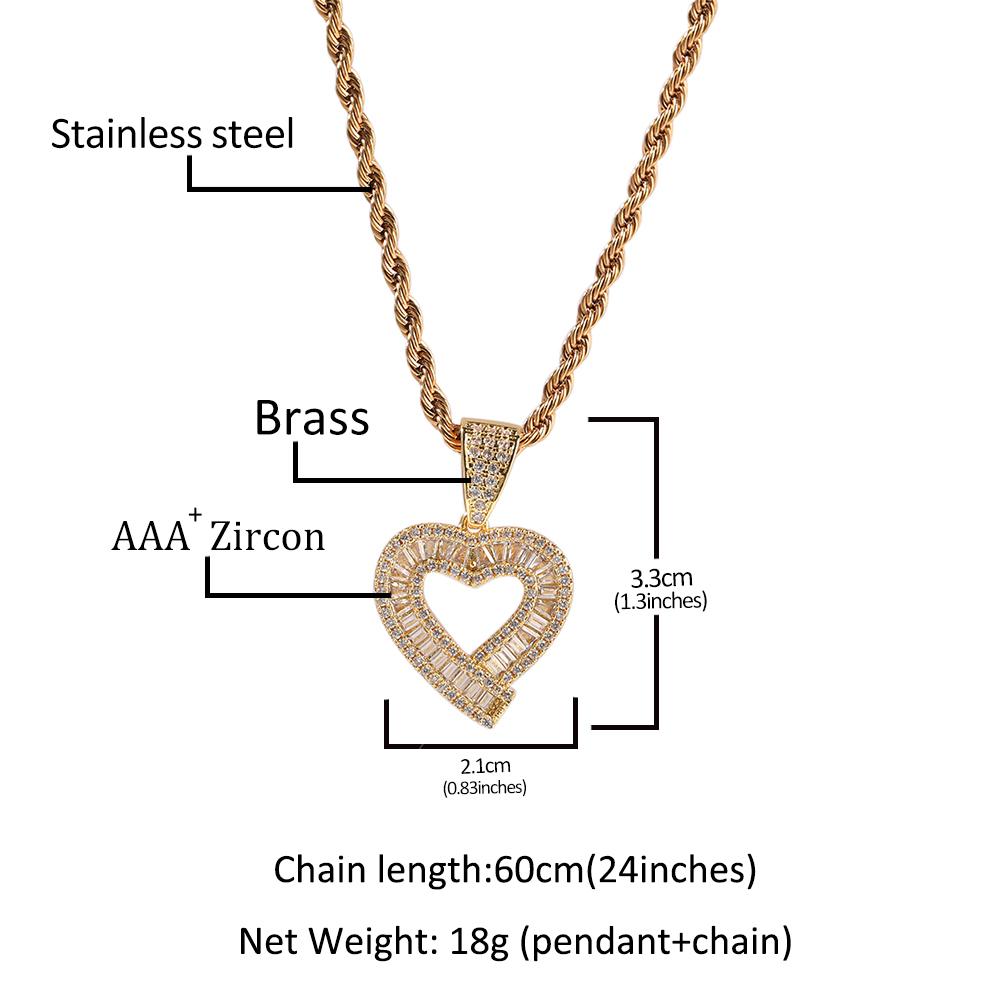 THE BLING KING Baguettecz Hollow Heart Pendant Box Chain Necklace Iced Out Cubic Zirconia Charm Engagement Jewelry For Gift