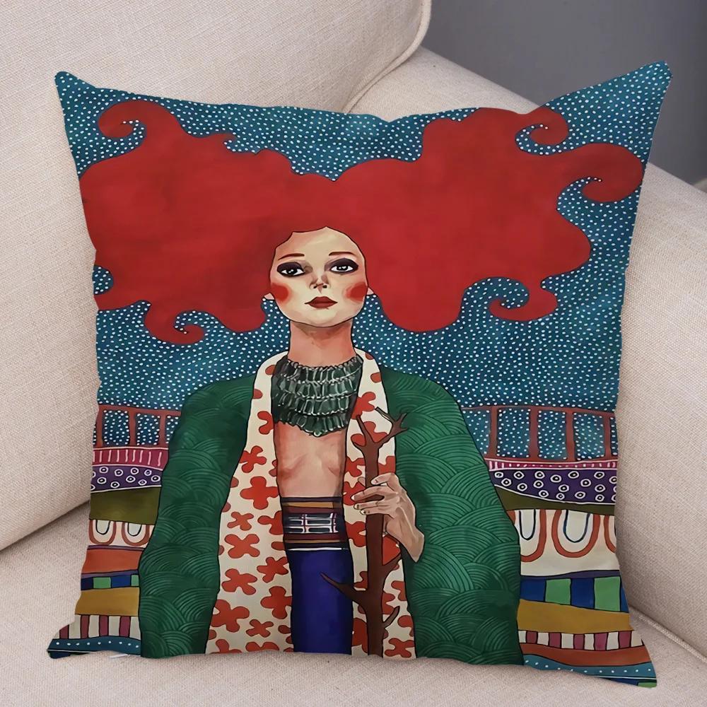 Fashion Abstract Girl Pillowcase Soft Plush Decor Cartoon Flower Lady Cushion Cover for Sofa Home Throw Pillow Case 45x45cm