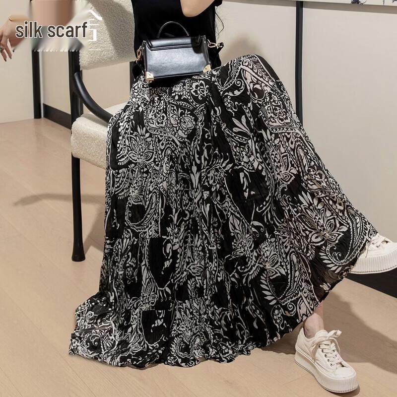 French Style Floral High-Waist Long Skirt M