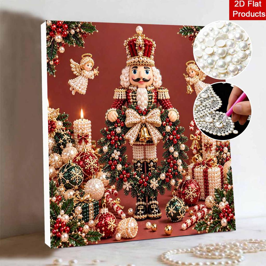 DIY Framed Pearl Painting Kit with Christmas Nutcracker and Angels Pattern 5D Sparkling Bead Art Canvas Ready to Display Holiday Home Decor Gift Idea