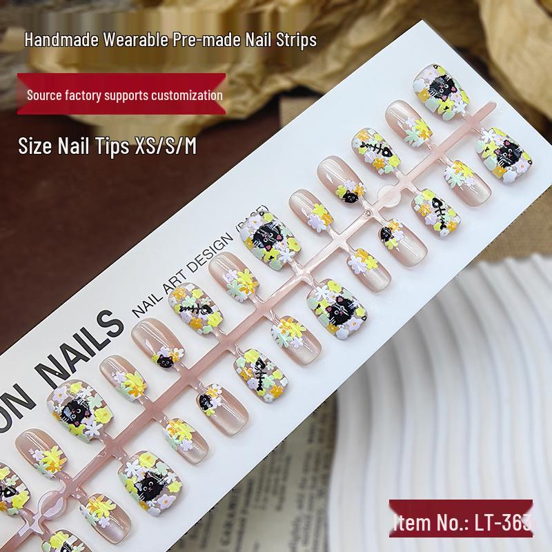 Handmade Short Cat Nail Art - Colorful Floral Detachable False Nails