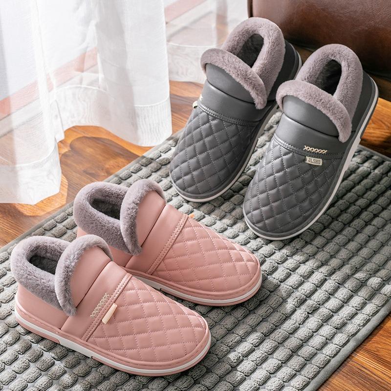 Waterproof slippers winter simple leather cotton home non-slip warm couple bag with cotton men and women home leisure