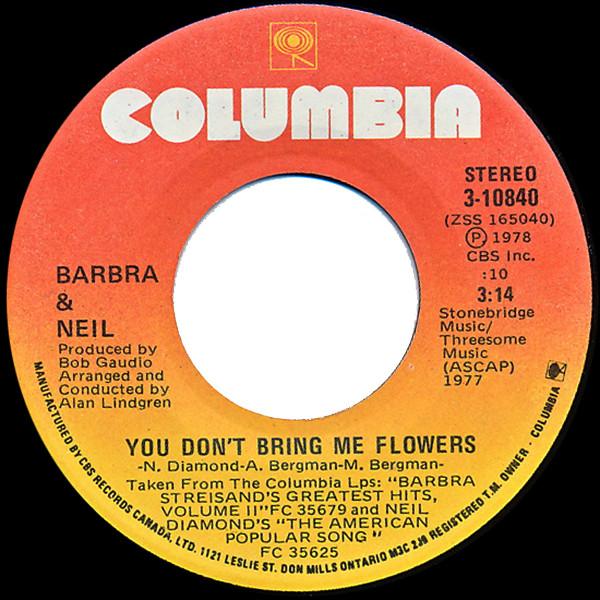 

7-дюймовая пластинка BARBRA STREISAND & NEIL DIAMOND - You Don t Bring Me Flowers 310840 Columbia 1978 Канада Рок Б/У