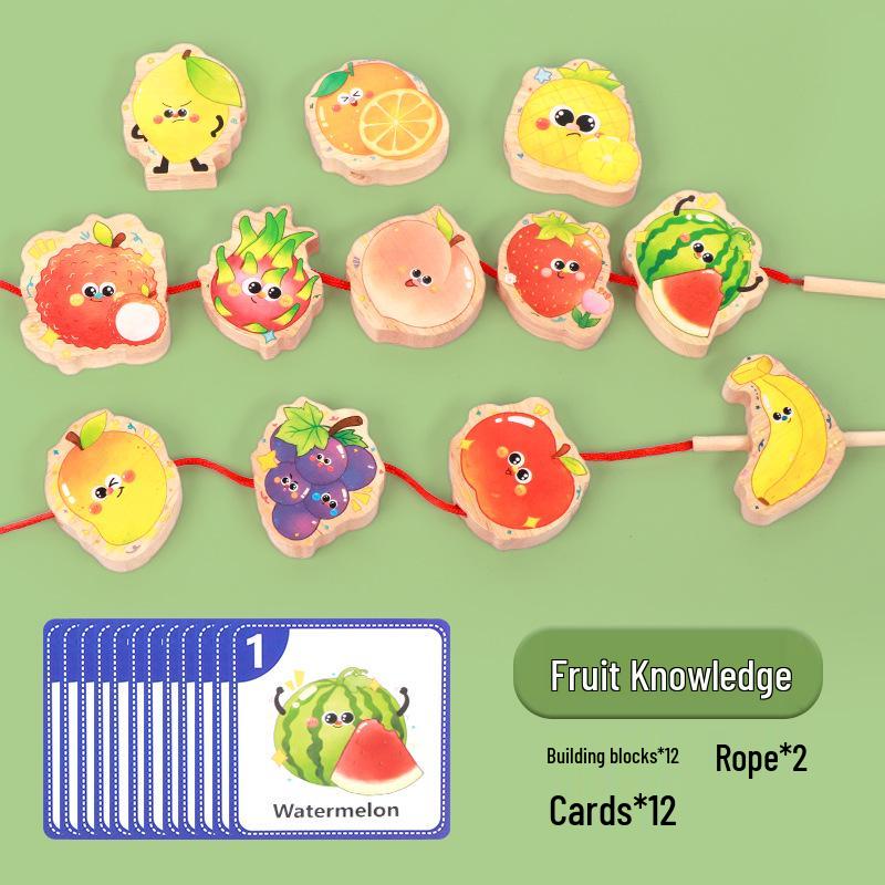 Large Wooden Animal & Fruit Beading Blocks: Educational Toy for Ages 1-3