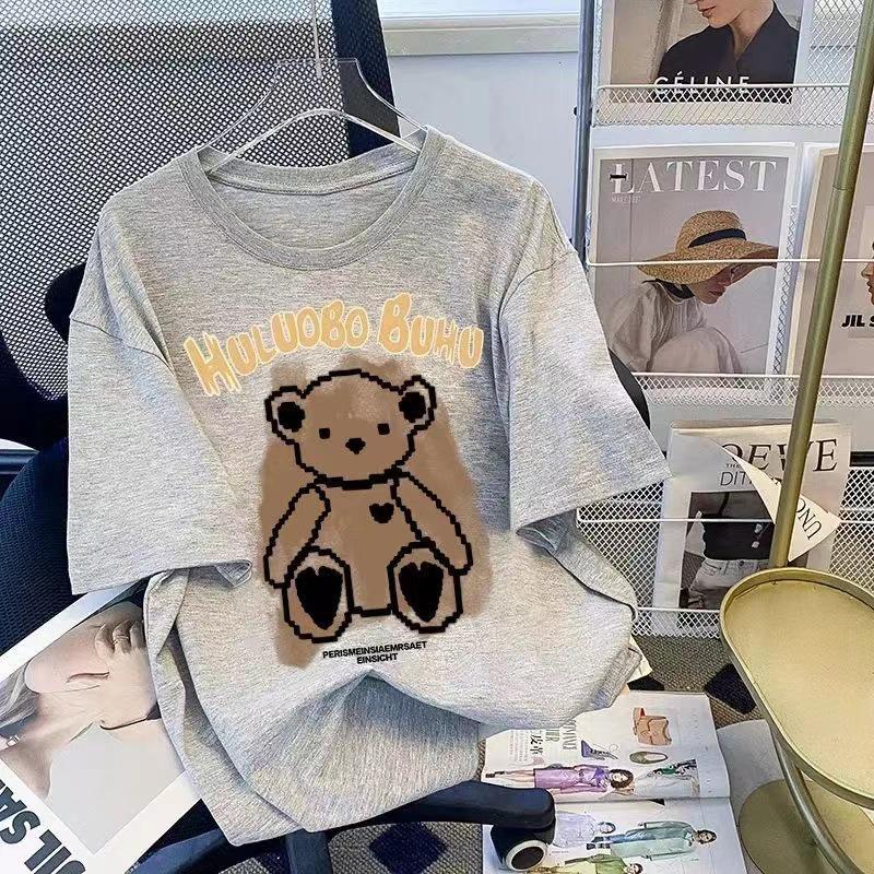 Women's Retro Little Bear Cotton T-Shirt - 2026 Summer Short Sleeve Loose Fit with Cartoon Print for Girls