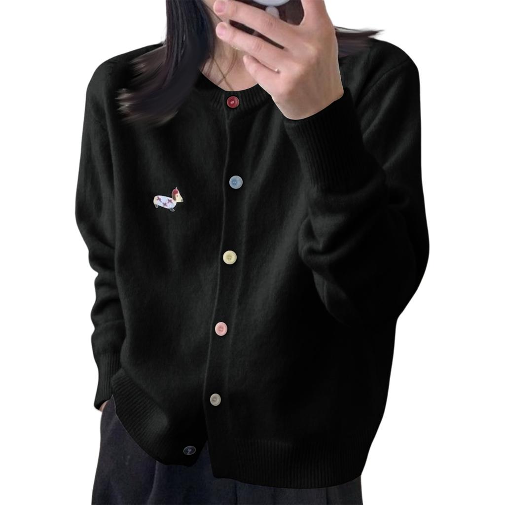 Women's Colorful Buttons Unique Design Dachshund Embroidered Round Neck Versatile Cardigan Knitted