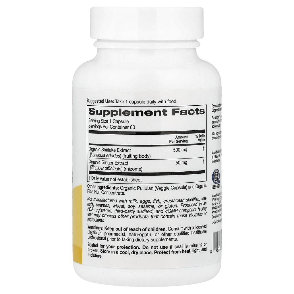 Organic Shiitake Mushrooms + Ginger, Organic Pullulan and Organic Rice Bran Concentrate, 60 Veggie Capsules