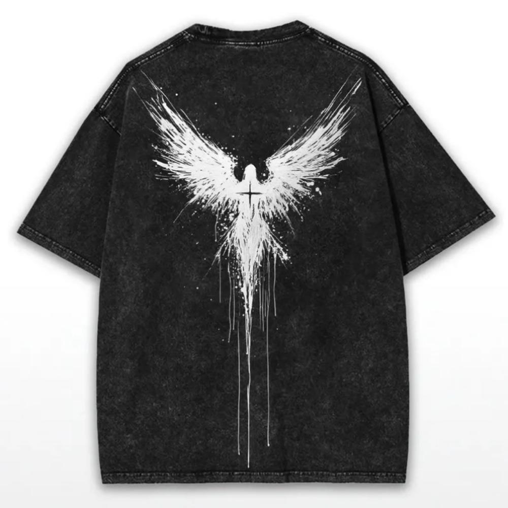 Retro Dark Angel Warrior T-Shirt Oversized Wings and Sword Print Gothic Streetwear Tee Short Sleeve Top