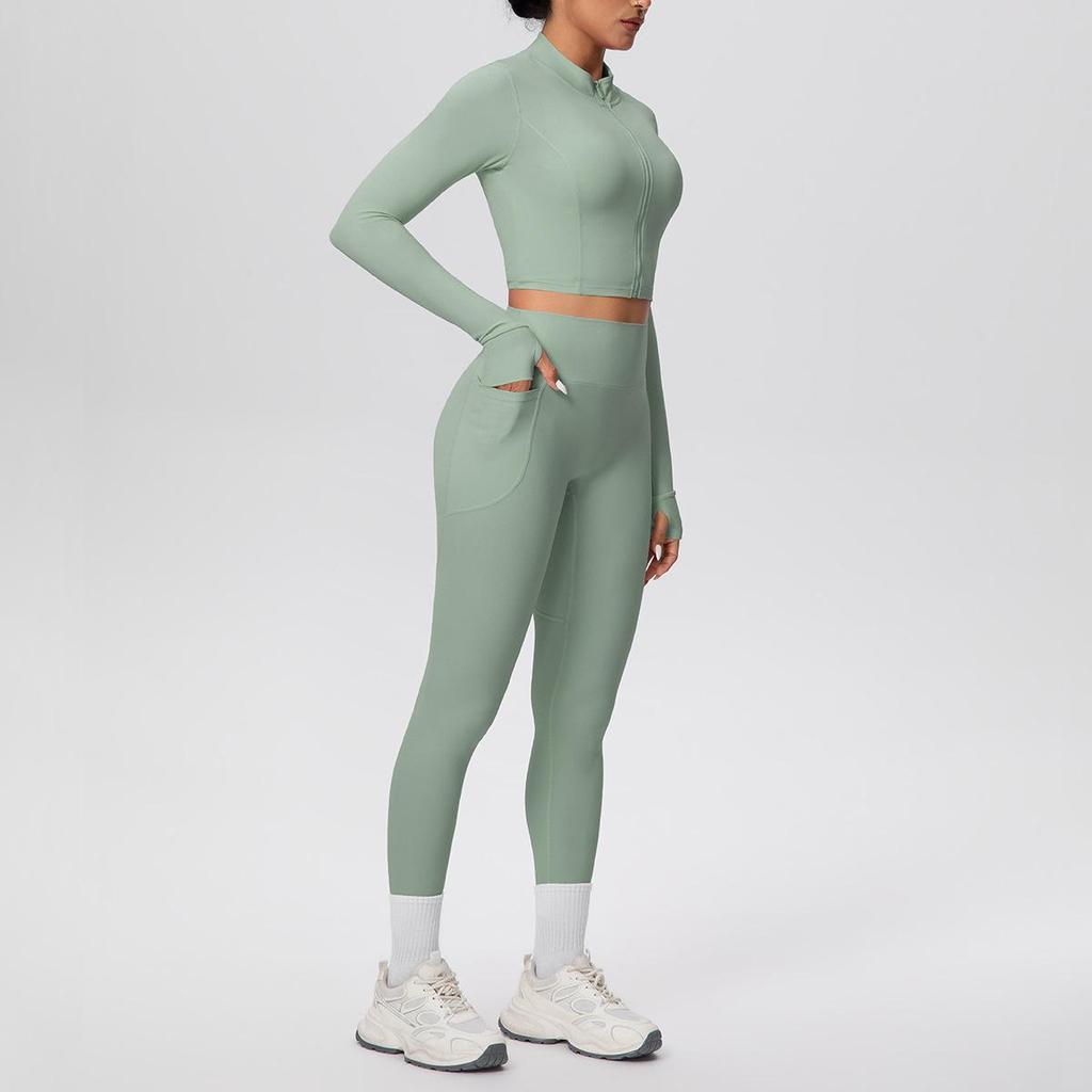 Zipper Crop Top Jacket & High-Waist Butt-Lifting Pocketed Pants Sports Set - Perfect for Yoga, Running, & Casual Fitness.