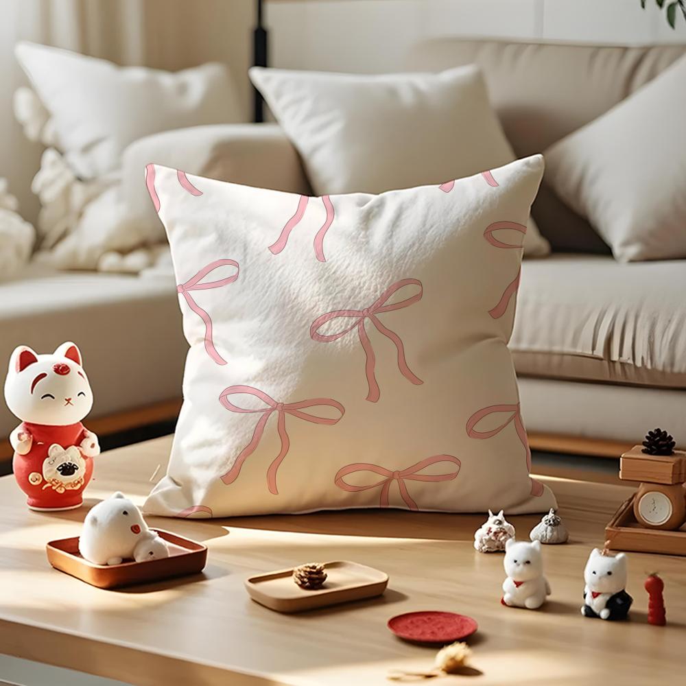 Beautiful Pink Bow Cherry Cushion Cover Anti-Dustmite Pillowcase Invisible Zipper Silky Short Plush Sofa Cushion Cover