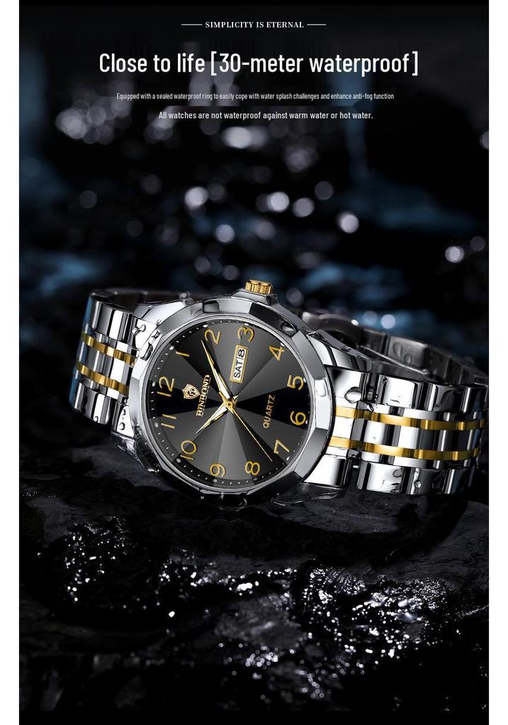 Genuine Men's Waterproof Korean-Style Luminous Quartz Watch with Double Calendar