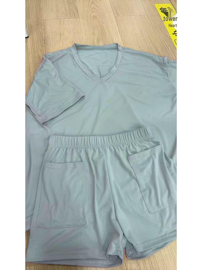 Women's Summer Fashion V-Neck Pajama Set - Casual, Loose, Solid Color