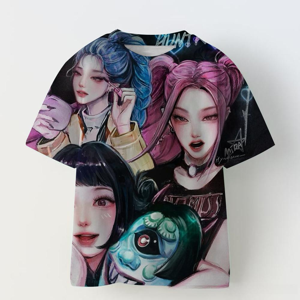 KPOP Demon Slayer Collaboration 3D Digital Print Summer Girls' Casual Fashion Round Neck Short Sleeve T-Shirt Parent-Child Outfit
