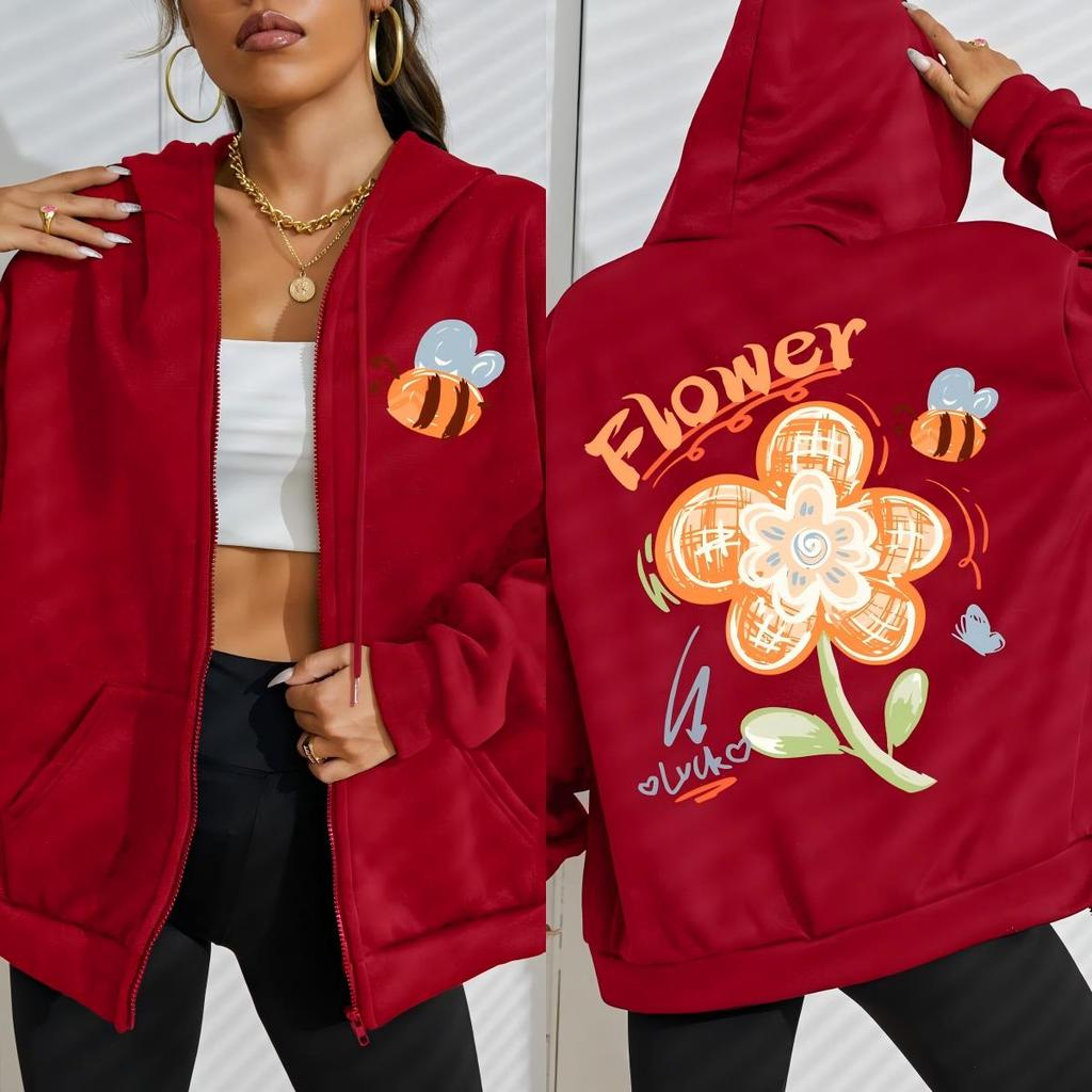 Luck Flower Little Bee Pattern Zipper Hoodies Women Fashion Soft Hoodie Autumn Oversize Sportswears Loose Casual Streetwear