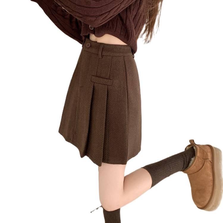 High-Waisted Woolen Pleated Skirt - Women's A-Line Winter Fashion