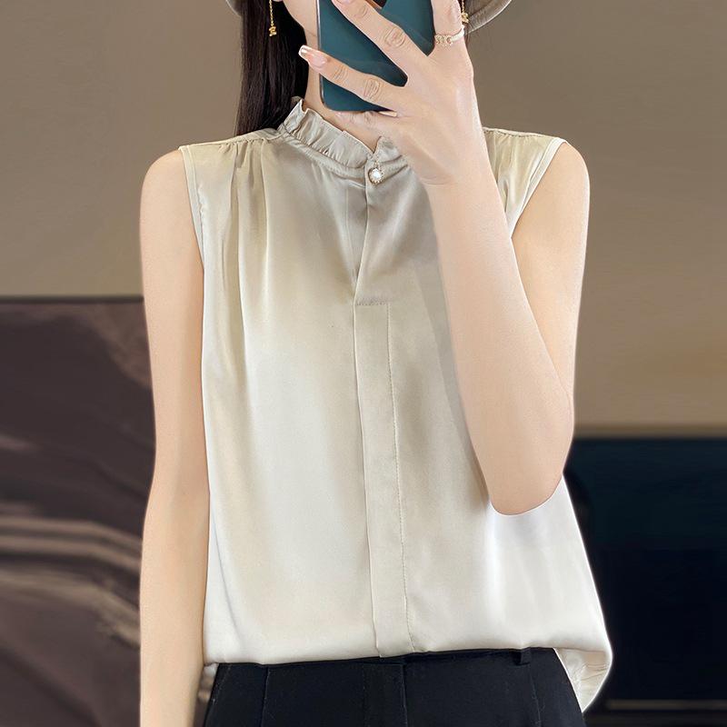 Women's Satin Sleeveless Tank Top with Lace Ruffle Stand Collar