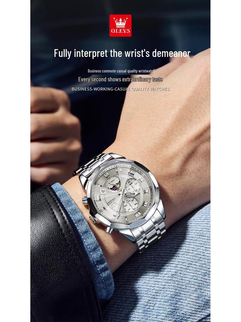 Oulishi Herren Multifunktions-Chronograph mit massivem Stahlarmband und Faltschließe