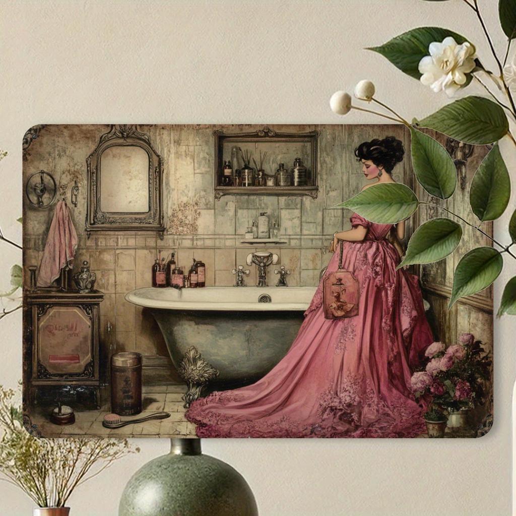 Metallschild im Vintage-Stil - Frau beim Anziehen im Badezimmer - Folienprägung Wandkunst für Heim- und Garagendekor, Eisenmaterial