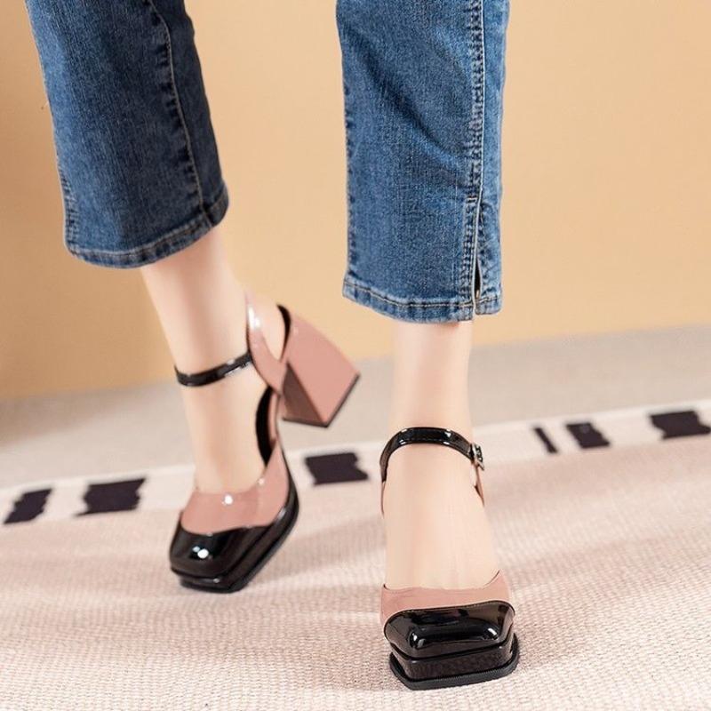 Fashion Color Block Block Heel Sandals Women's Fashion Square Toe Shallow Mouth One Strap Platform Non-Slip Wear-Resistant High Heels