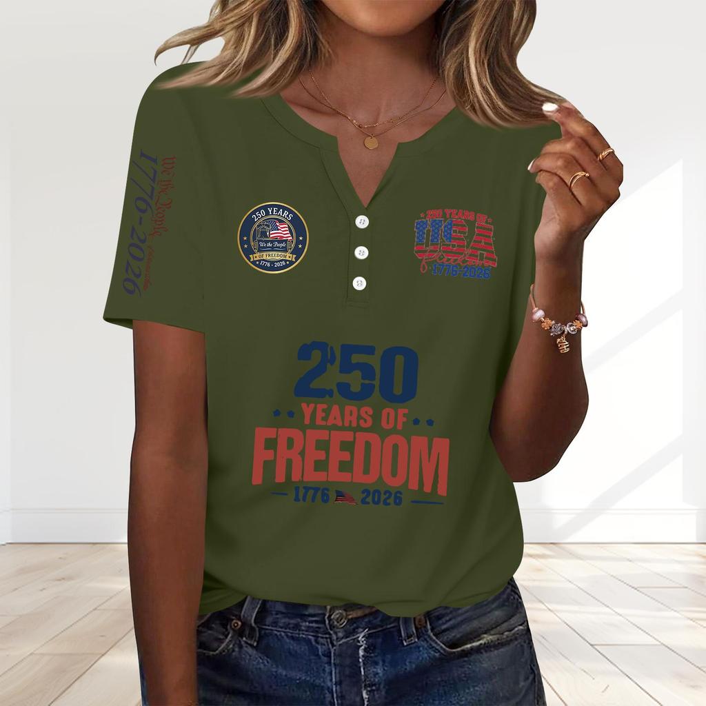 Women's Fashion Casual 250th Anniversary Independence Day Print V-Neck Short Sleeve Decorated Button-Up T-Shirt
