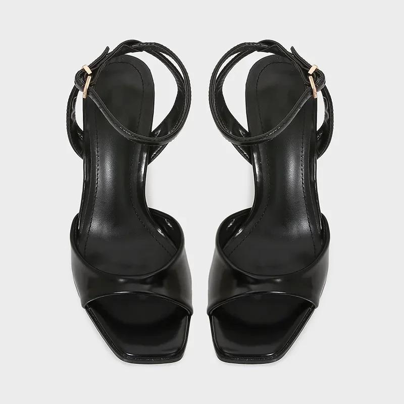 Fashion Sexy Square Open Toe High Heels Women Summer Elegant Party Office Shoes Black Patent Leather Ankle Strap Buckle Heeled Sandals