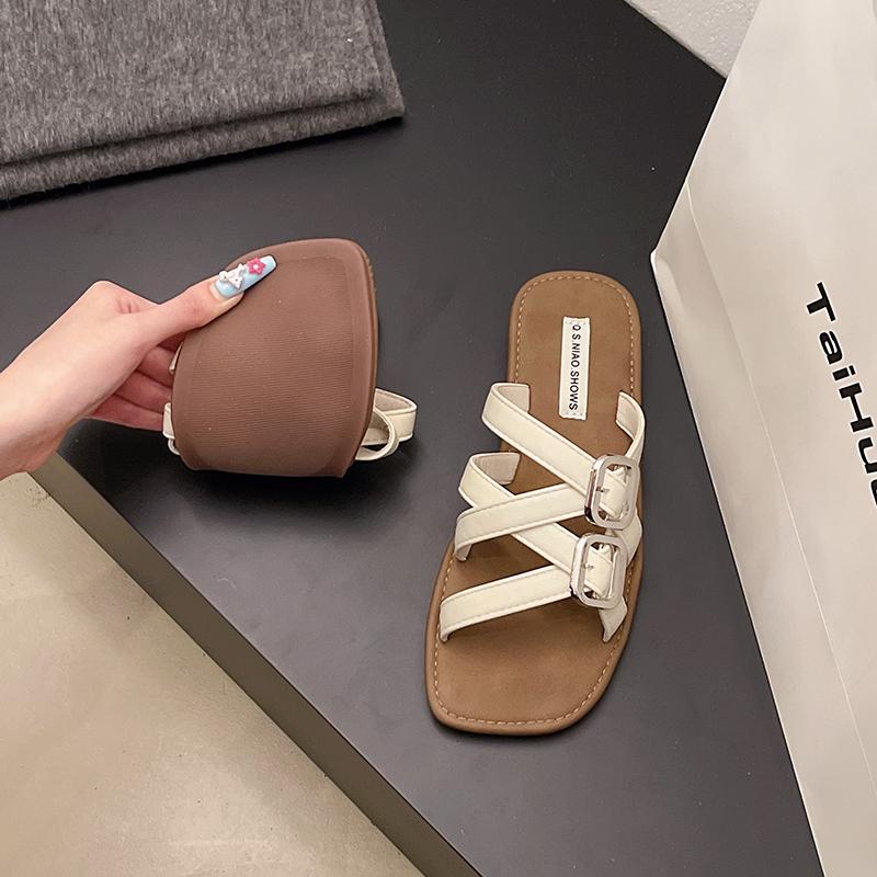 Flat Sandals Summer New Square Head Open Toe Metal Buckle Thin with Soft Sole Anti-slip Wear-resistant Slippers
