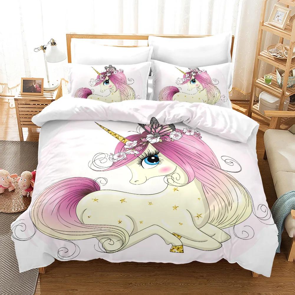 Children's Birthday Gift Twin Bedding Set Home Textile Cartoon Cute Pink Unicorn Bedding Set Duvet Cover Bed Sets For Girl